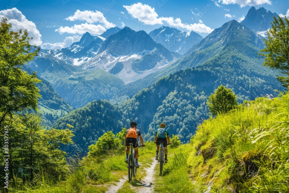 Cyclists against the backdrop of green hills and mountains