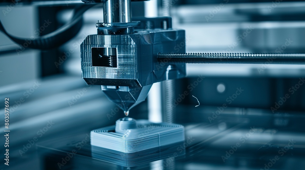Close-up of a 3D printer creating a prototype, detailed extrusion of material, layer formation Close-up of a 3D printer creating a prototype, detailed extrusion of material, layer formation
