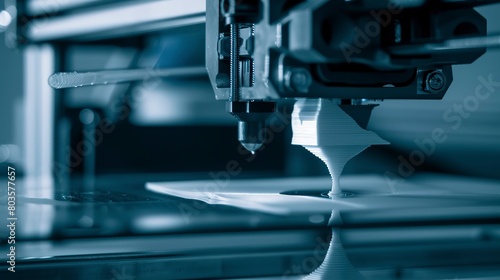 Close-up of a 3D printer creating a prototype, detailed extrusion of material, layer formation 