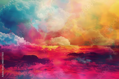 surreal landscape of a rainbow sky over a crimson sea of stone abstract digital painting photo