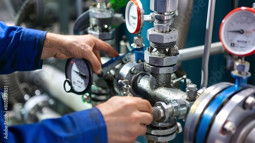 Close-up of a technician adjusting valves in a chemical plant, detailed hands and machinery 