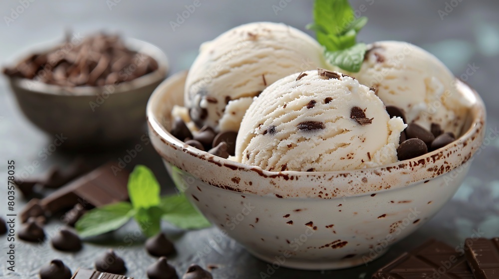 Delicious chocolate and vanilla ice cream in a bowl on the table in close up. Delicious chocolate and vanilla ice cream in a bowl on the table in close up.