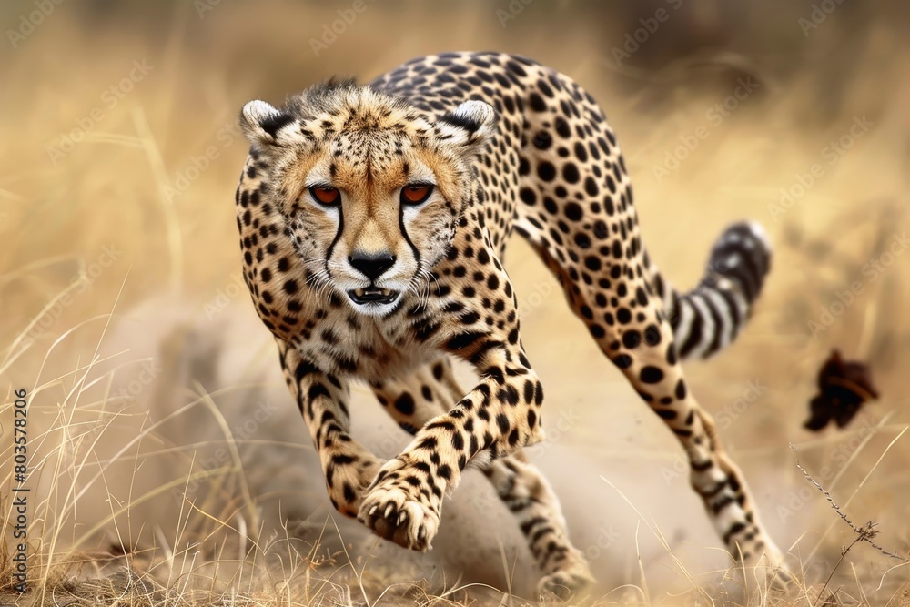 A cheetah in mid stride muscles tensed and focused on its prey. A cheetah in mid stride muscles tensed and focused on its prey.