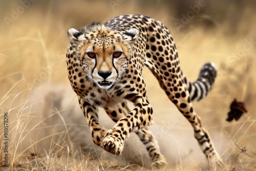 A cheetah in mid stride muscles tensed and focused on its prey.
