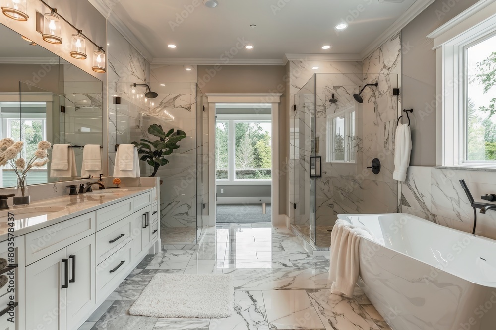 A luxurious bathroom with a freestanding bathtub. A luxurious bathroom with a freestanding bathtub.