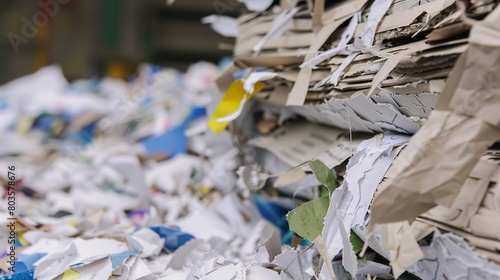 Close-up of recycled paper being processed, detailed breakdown of materials, sustainable focus  © Thanthara