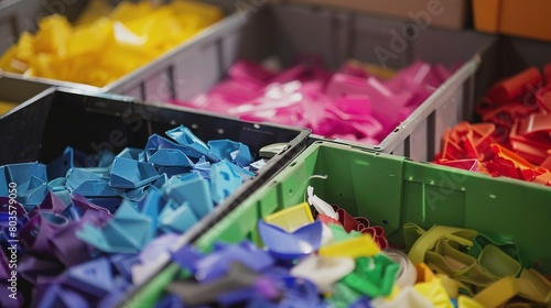 Recycled plastics being sorted by color and type, close-up, detailed bins and sorting process photo