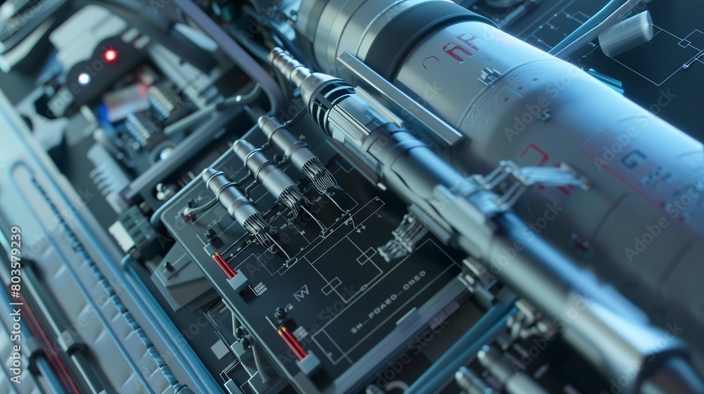 Missile guidance system being calibrated, close-up, detailed electronics and wiring Missile guidance system being calibrated, close-up, detailed electronics and wiring