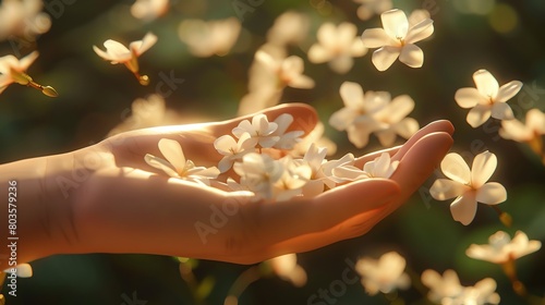 A macro 3D scene showing a human hand releasing flowers from its palm