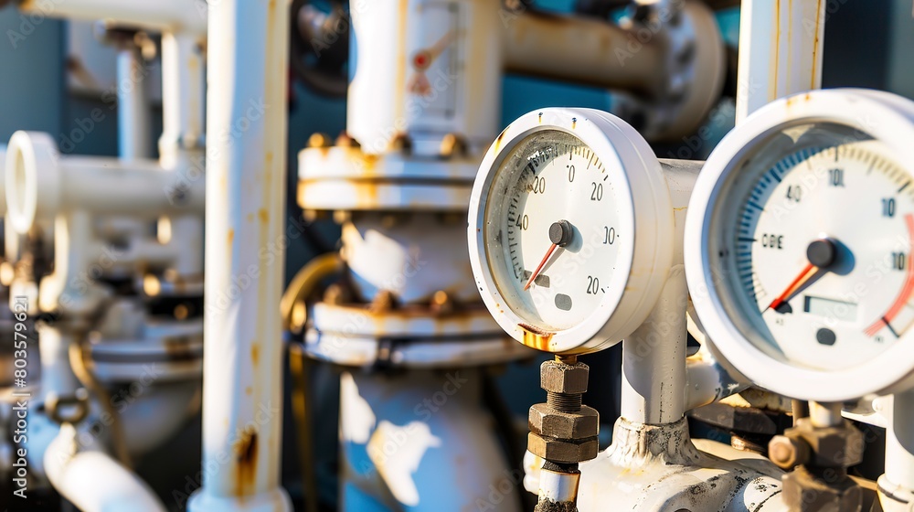 Geothermal power plant equipment inspection, close-up, detailed pressure gauges and valves Geothermal power plant equipment inspection, close-up, detailed pressure gauges and valves