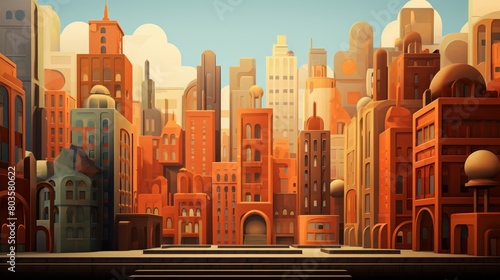 A cityscape with many buildings and a large orange building in the middle