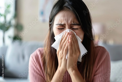 woman sneezing with tissue due to allergies or cold health concept