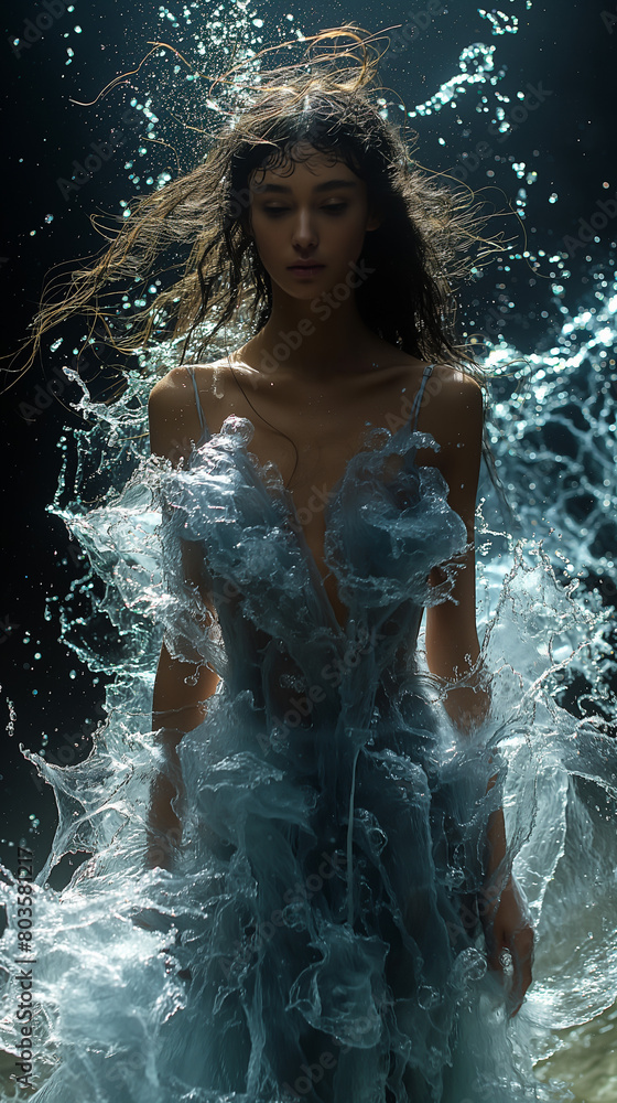 Obraz premium A model with a stream of water on the catwalk that is mesmerizing and alluring.