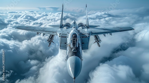Close-up military jet fighter with high speed, flying high in the sky above the clouds