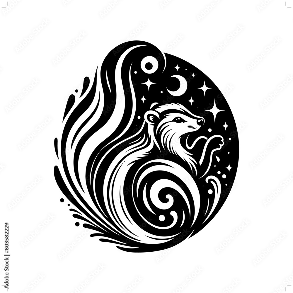 Skunk silhouette in bohemian, boho, nature illustration
