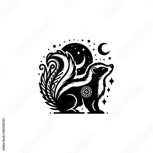 Skunk silhouette in bohemian, boho, nature illustration
