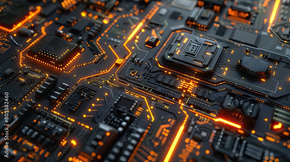 The image shows a close-up of a computer circuit board with orange glowing lines. The image shows a close-up of a computer circuit board with orange glowing lines.