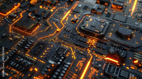 The image shows a close-up of a computer circuit board with orange glowing lines. photo