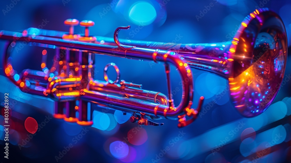 Fototapeta premium Glowing Brass Trumpet with Reflective Orange Highlights Under Vibrant Blue Stage Lights and Bokeh