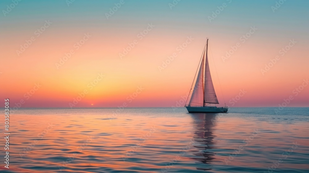 Sailing Yacht on Calm Sea at Sunset. Serenity and Sailing Concept. Design for Nautical Postcard