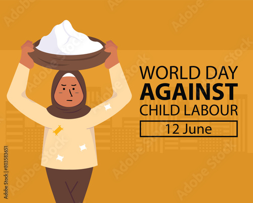 illustration vector graphic of a woman lifted a tray filled with rice, perfect for international day, world day against child labour, celebrate, greeting card, etc. photo
