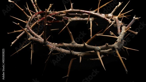 The crown of thorns of Jesus, starkly displayed on a solemn black background. Ai Generated.