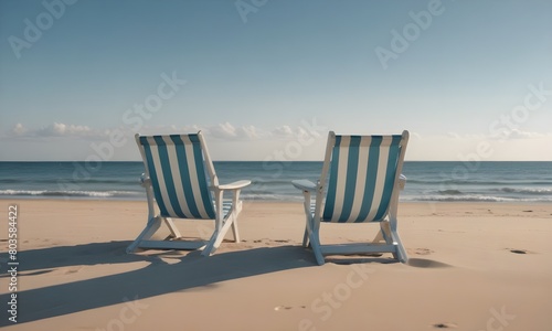 two empty deck chairs  beach in front of the ocean