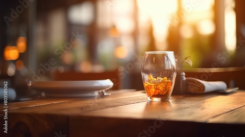 Photo wood table in blur background of modern restaurant