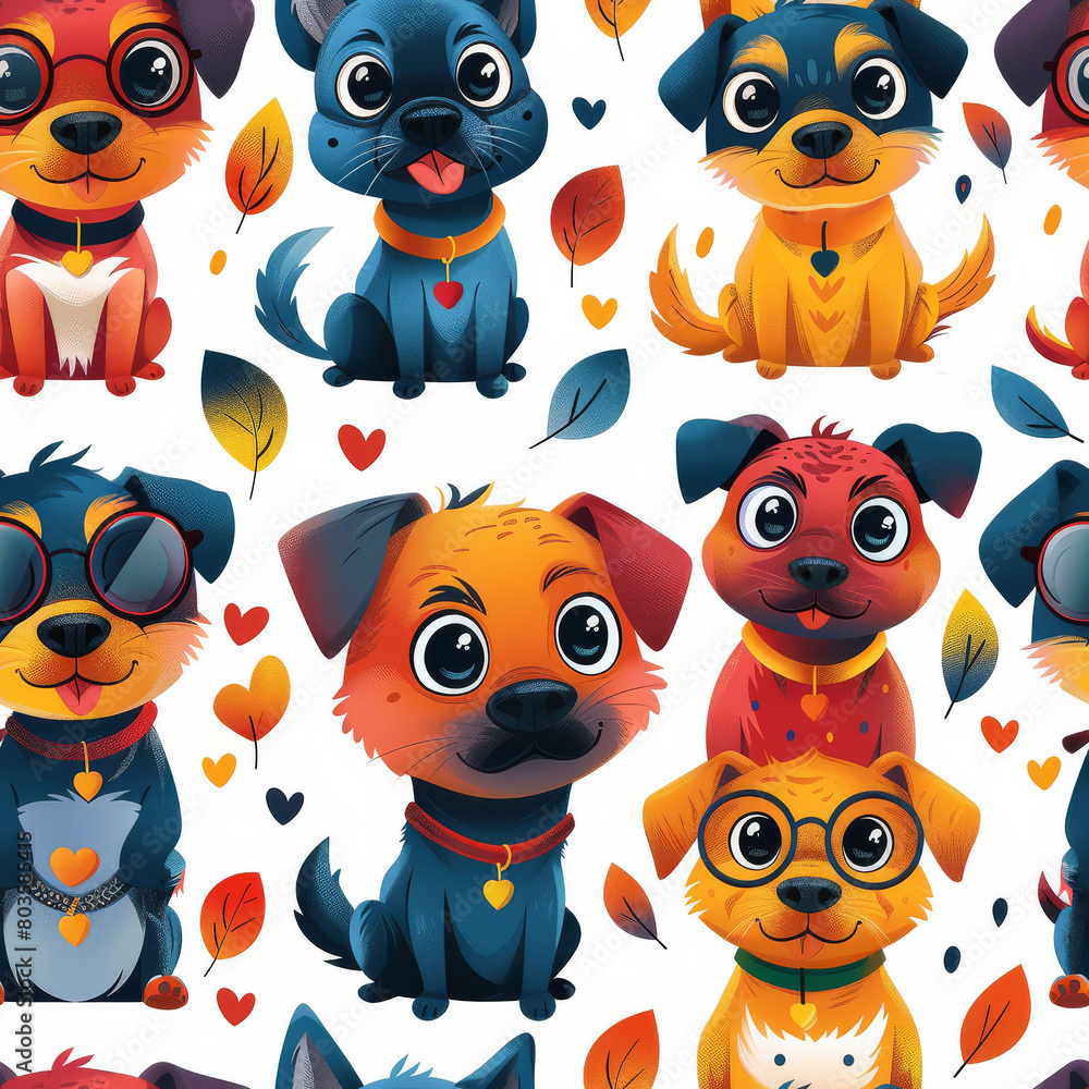 Funny dog animal crowd cartoon seamless pattern in flat illustration style. Cute puppy pet group background, diverse domestic dogs breed wallpaper. Funny dog animal crowd cartoon seamless pattern in flat illustration style. Cute puppy pet group background, diverse domestic dogs breed wallpaper.
