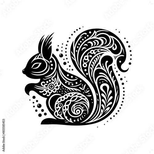 Squirrel silhouette in bohemian, boho, nature illustration