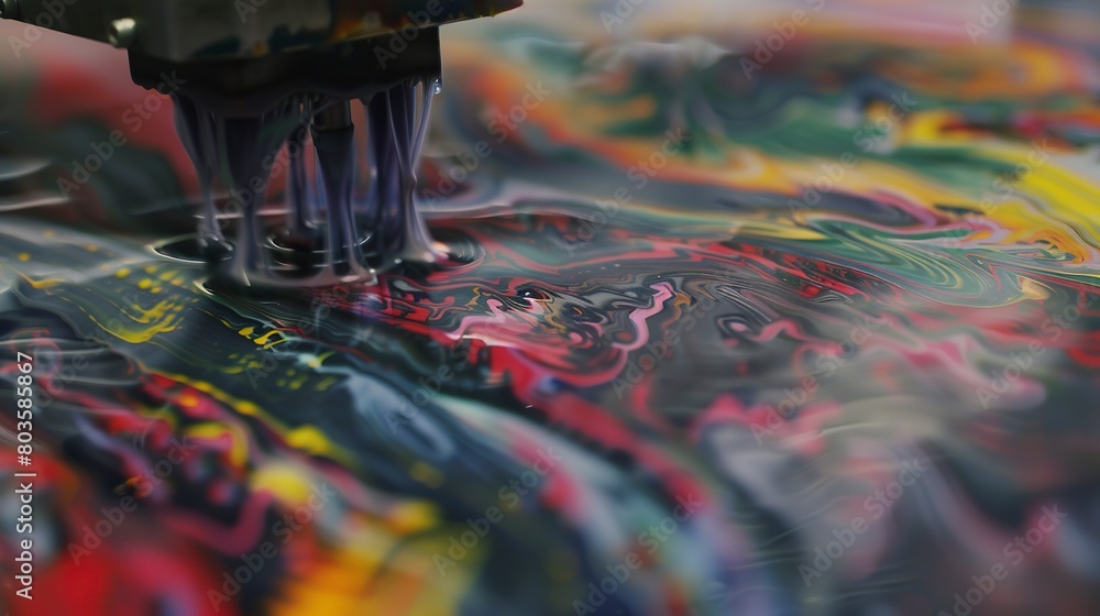 Inkjet printer head moving over canvas, close-up, detailed spray of ink, clear patterns
