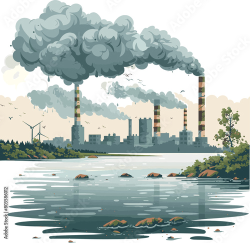 A factory that pours its filthy waste into the river. And its chimney is billowing smoke. On a white background. Vector