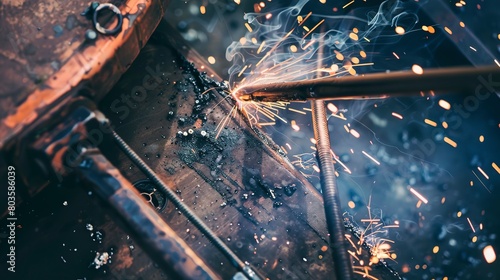Close-up of welding on a ship's hull, detailed sparks and molten metal, precision work 