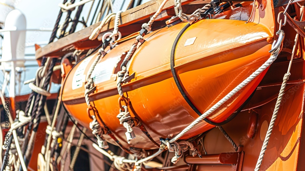 Close-up of lifeboat attachment on a ship, detailed safety mechanisms and rigging Close-up of lifeboat attachment on a ship, detailed safety mechanisms and rigging