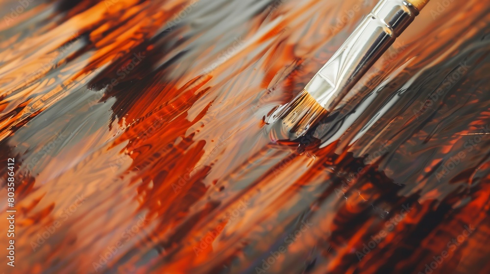 Fototapeta premium Varnishing a wooden table, close-up, detailed brush strokes, glossy finish emerging