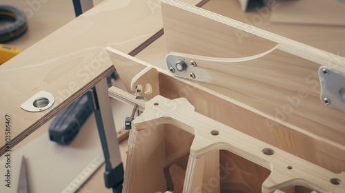 Assembling a flat-pack furniture kit, close-up, detailed hardware and tools in action  photo