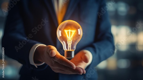 a bulb in hand of businessman,creative concept,focus to hand,closup,75mm,f28,man blurry background,realisticphoto,stockphoto,white intensity photo