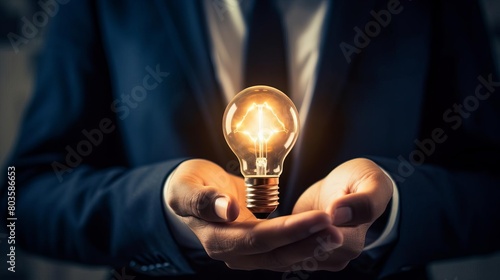 a bulb in hand of businessman,creative concept,focus to hand,closup,75mm,f28,man blurry background,realisticphoto,stockphoto,white intensity photo