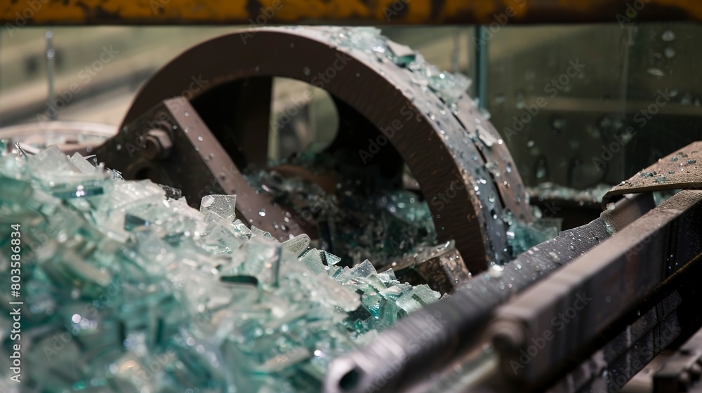 Processing recycled glass, close-up, detailed crushing and sifting machinery Processing recycled glass, close-up, detailed crushing and sifting machinery