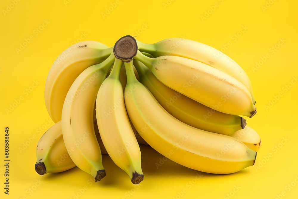 A highresolution stock photo of a bunch of fresh bananas on a bright yellow background, demonstrating the texture and natural shine of the fruit, perfect for food and nutrition themes