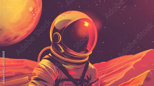 Abstract Cosmic Poster. Astronaut with Helmet, Planet over Sands, Space Illustration. Illustration