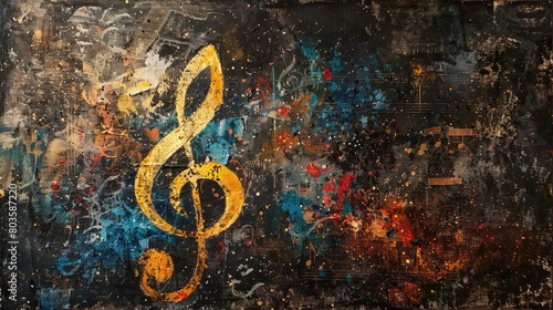 Captivating abstract painting featuring musical note symbols on a dark background, Ai Generated.