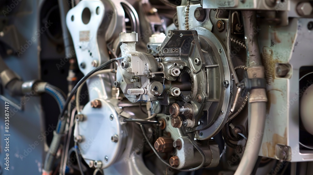 Maintenance on an industrial robot, close-up, detailed gearbox and wiring exposed Maintenance on an industrial robot, close-up, detailed gearbox and wiring exposed
