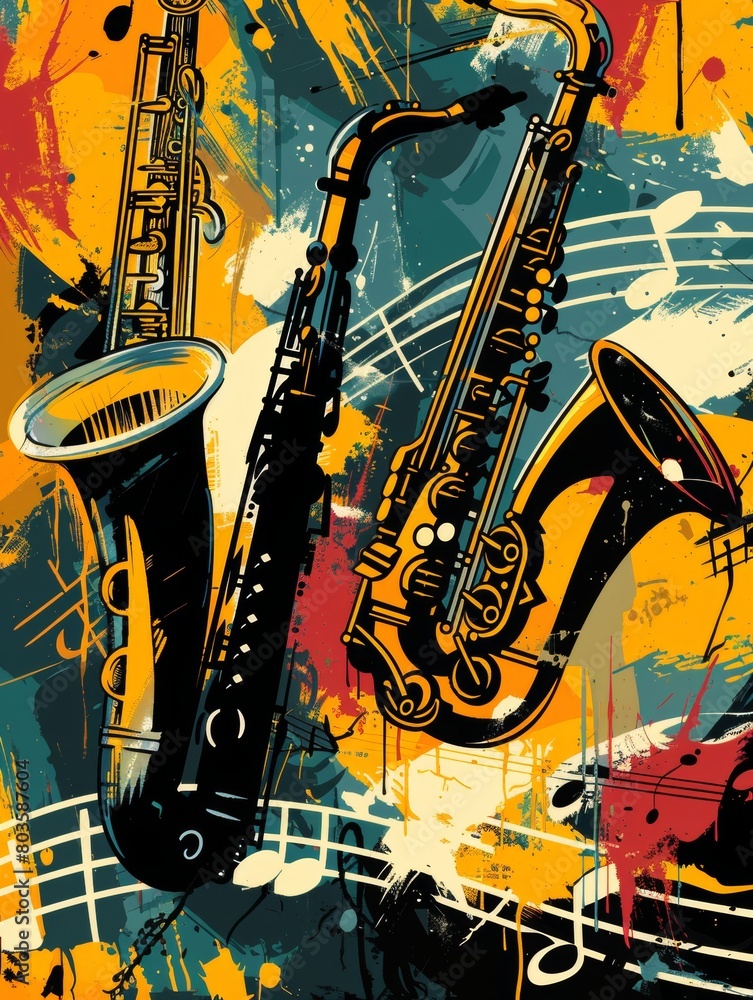 Naklejka premium Dynamic illustrations of music instruments, notes, or performers for music-related designs or event promotions.