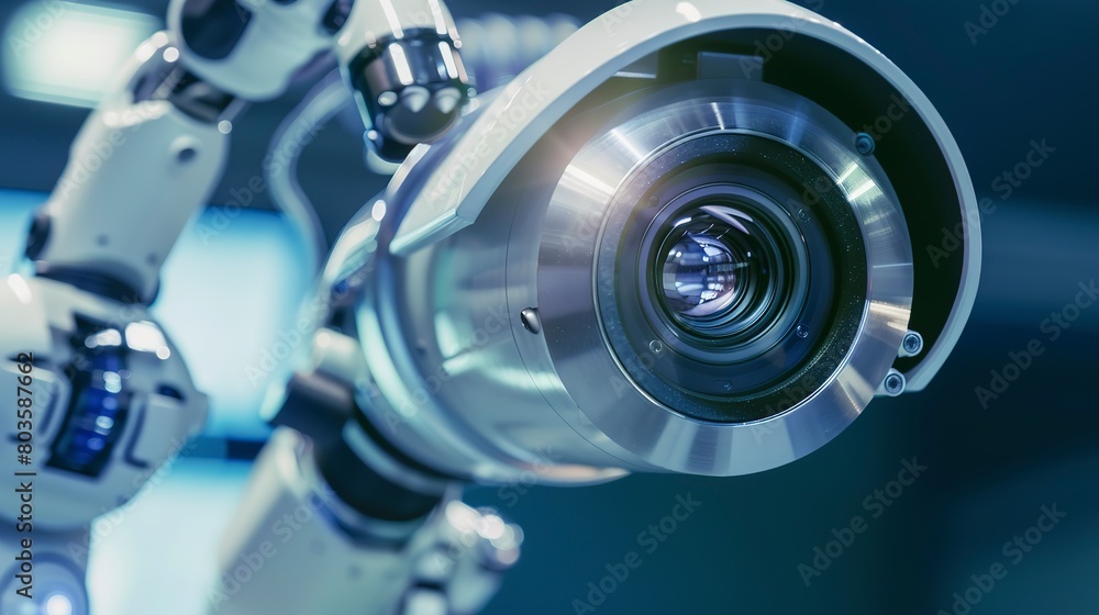 Close-up on a robot's vision system, detailed camera lens focusing on an object 
