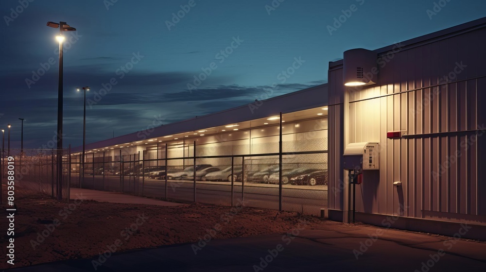 Advanced perimeter security system, motion sensors and cameras, secure facility, evening, wide shot