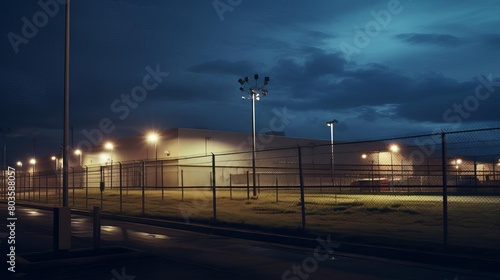 Advanced perimeter security system, motion sensors and cameras, secure facility, evening, wide shot