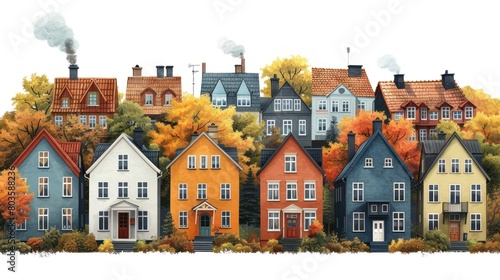 Cute houses, city buildings in Scandinavian style.