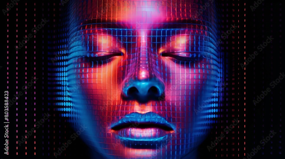 AI face hologram in pixel style, front view, topdown shot, vivid colors