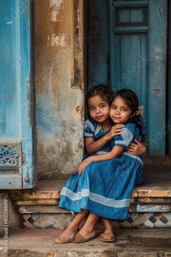 Siblings dressed in blue sitting on steps posing © Manzoor